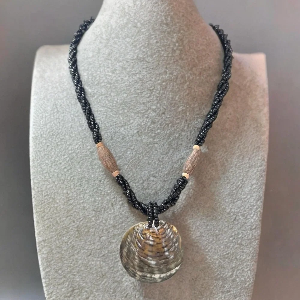 Unisex Bohemian Pendant Necklace Twisted Seed Bead With Abalone & Wooden Accent